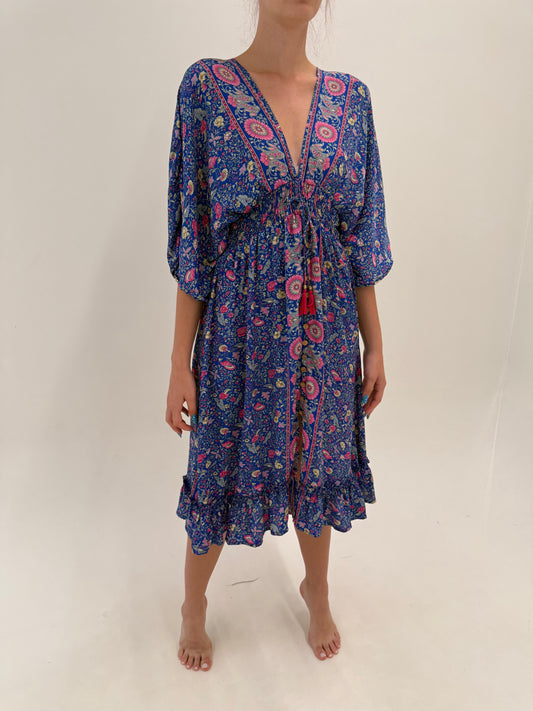Rochie boho din mătase naturală în culori superbe și croi lejer cu talie elastică