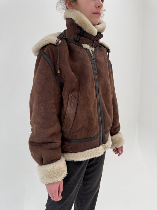 Blana naturală Shearling chocolate brown cu glugă în croi super actual