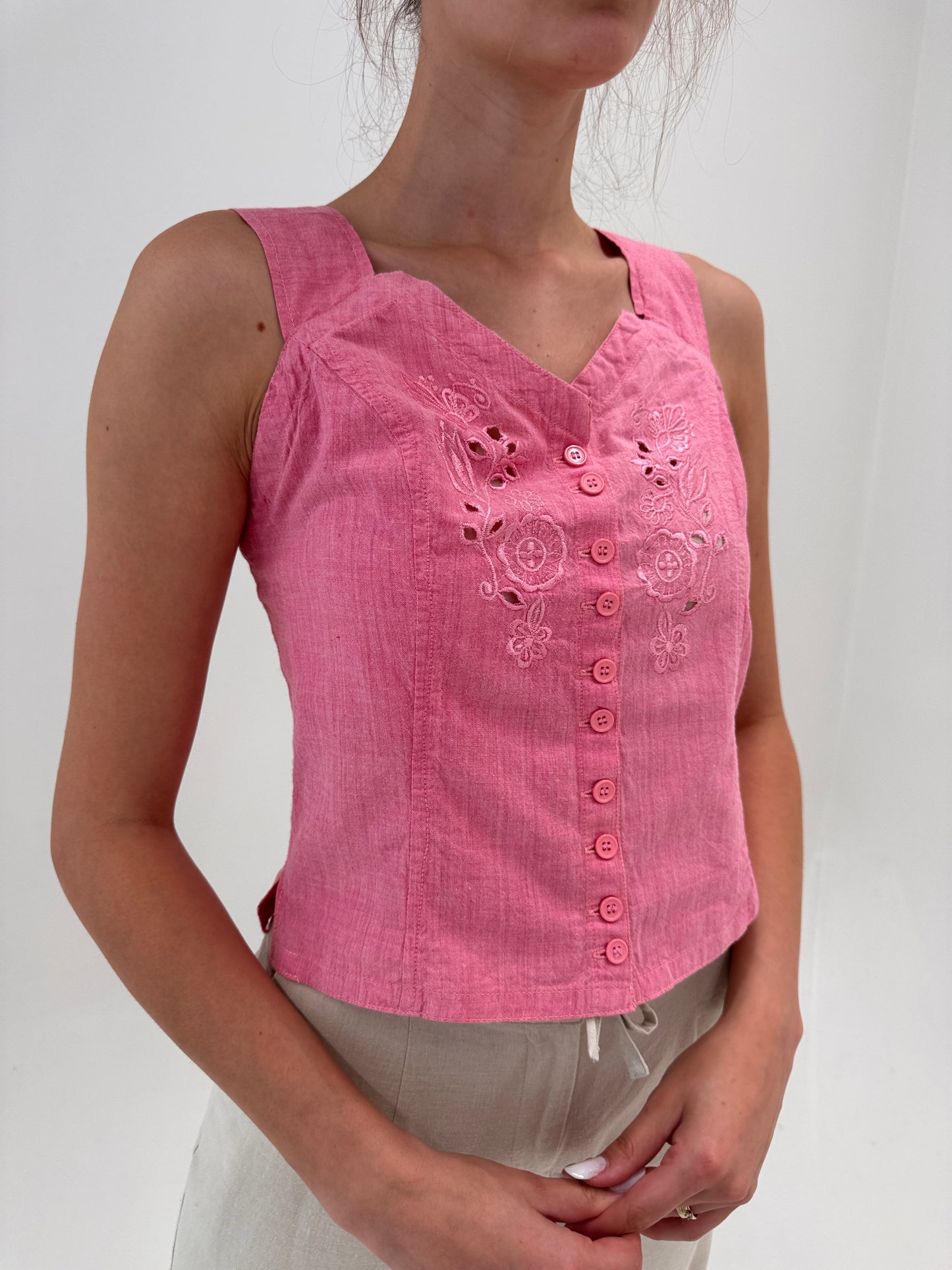 Corsaj vintage cu broderie anglaise Barbie pink din pânză premium de bumbac