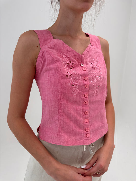 Corsaj vintage cu broderie anglaise Barbie pink din pânză premium de bumbac