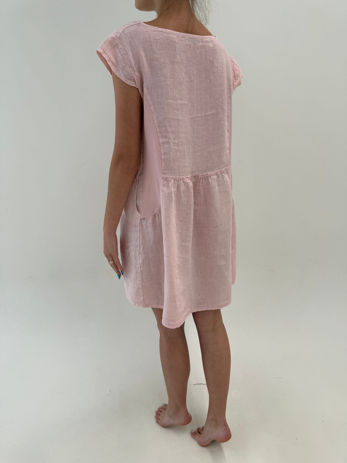 Rochie ultra confort italiană roz pudrat din in premium cu buzunare