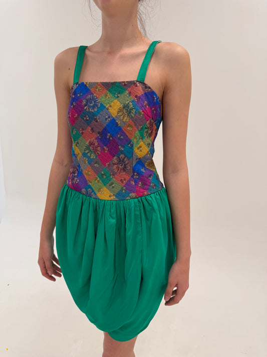 Rochie vintage în culori tari cu corset din brocart și fusta lalea super în tened