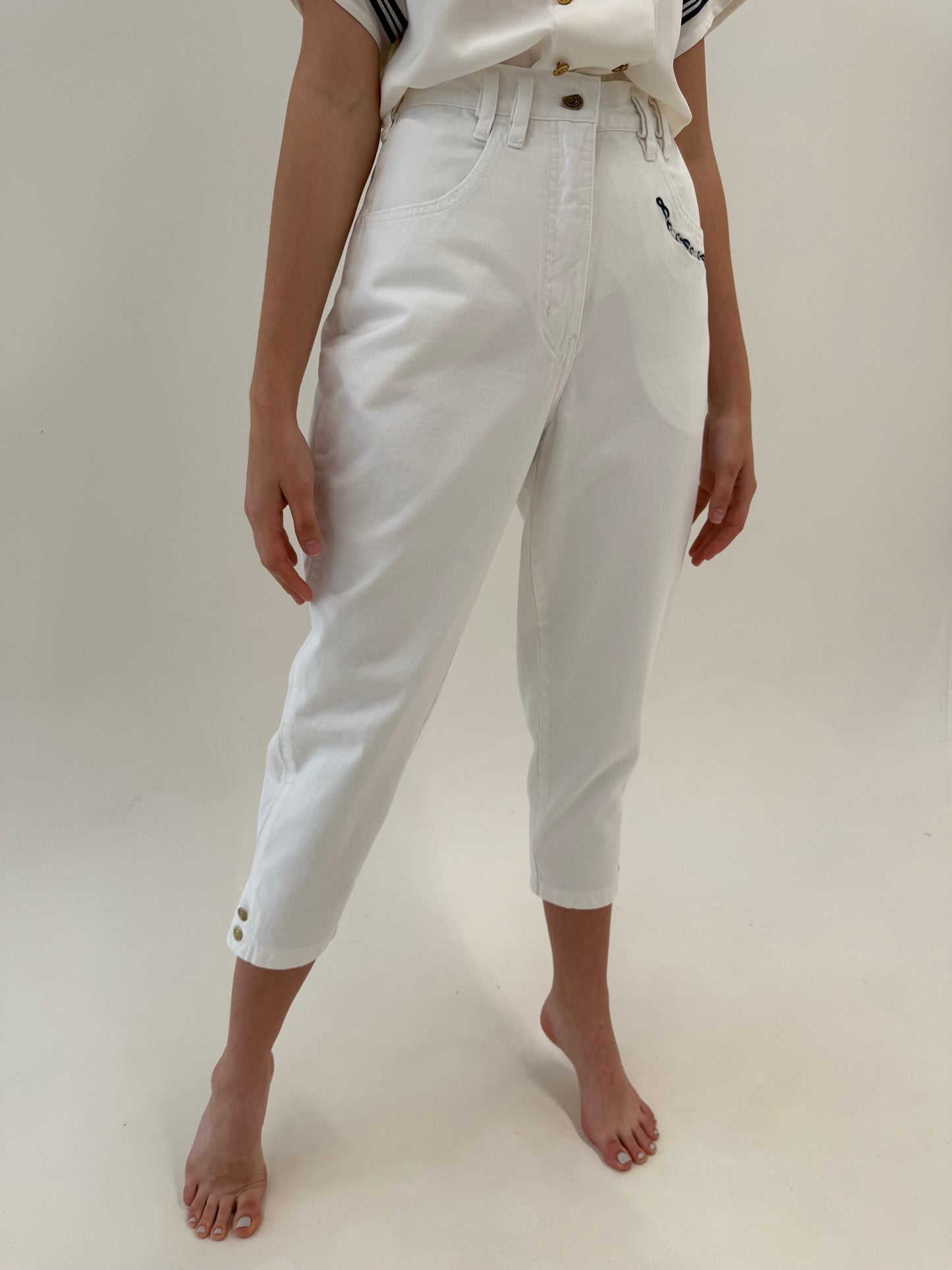 Jeans alb petite de vară vintage italienești cu talie ultra înaltă
