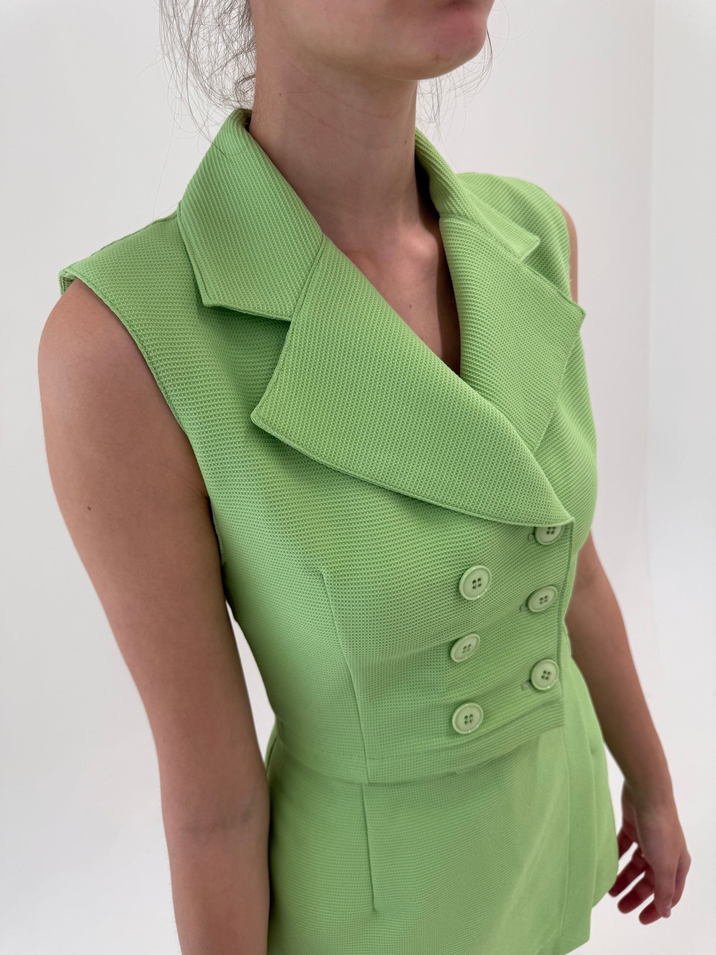 Set vintage din twill verde crud cu top cambrat și fustă pantaloni mini