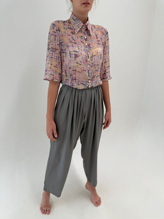 Pantaloni super drapați de designer din mătase naturală cu talie înaltă