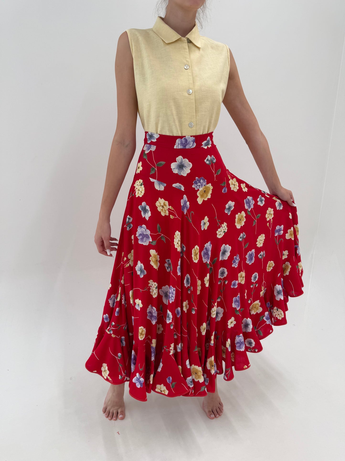 Fustă maxi ultra amplă super vaporoasă cu print floral delicat