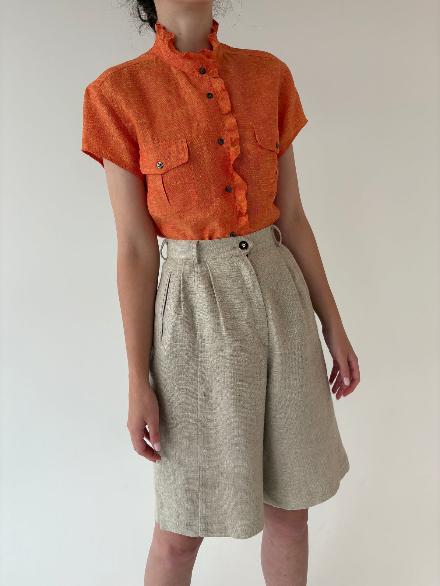 Pantaloni vintage light nude din in greu cu talie ultra înaltă