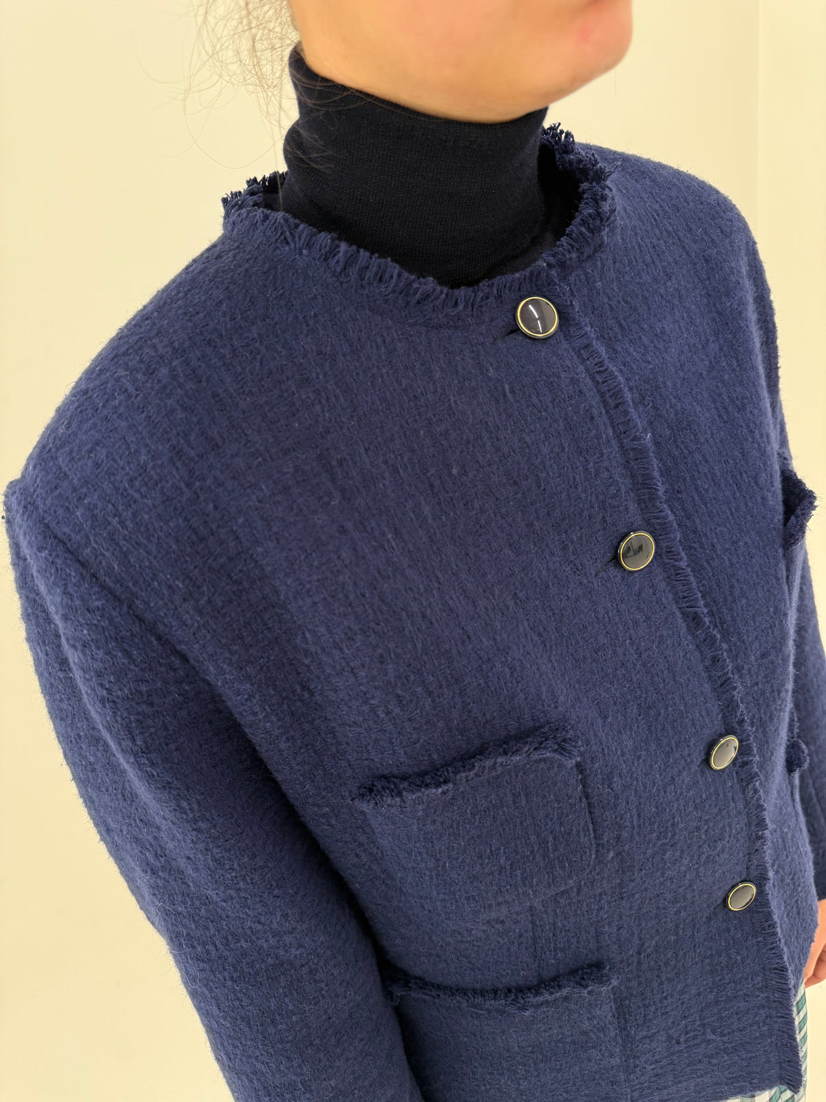 Sacou italian in stil Chanel din tweed de lana extrafina Navy blue