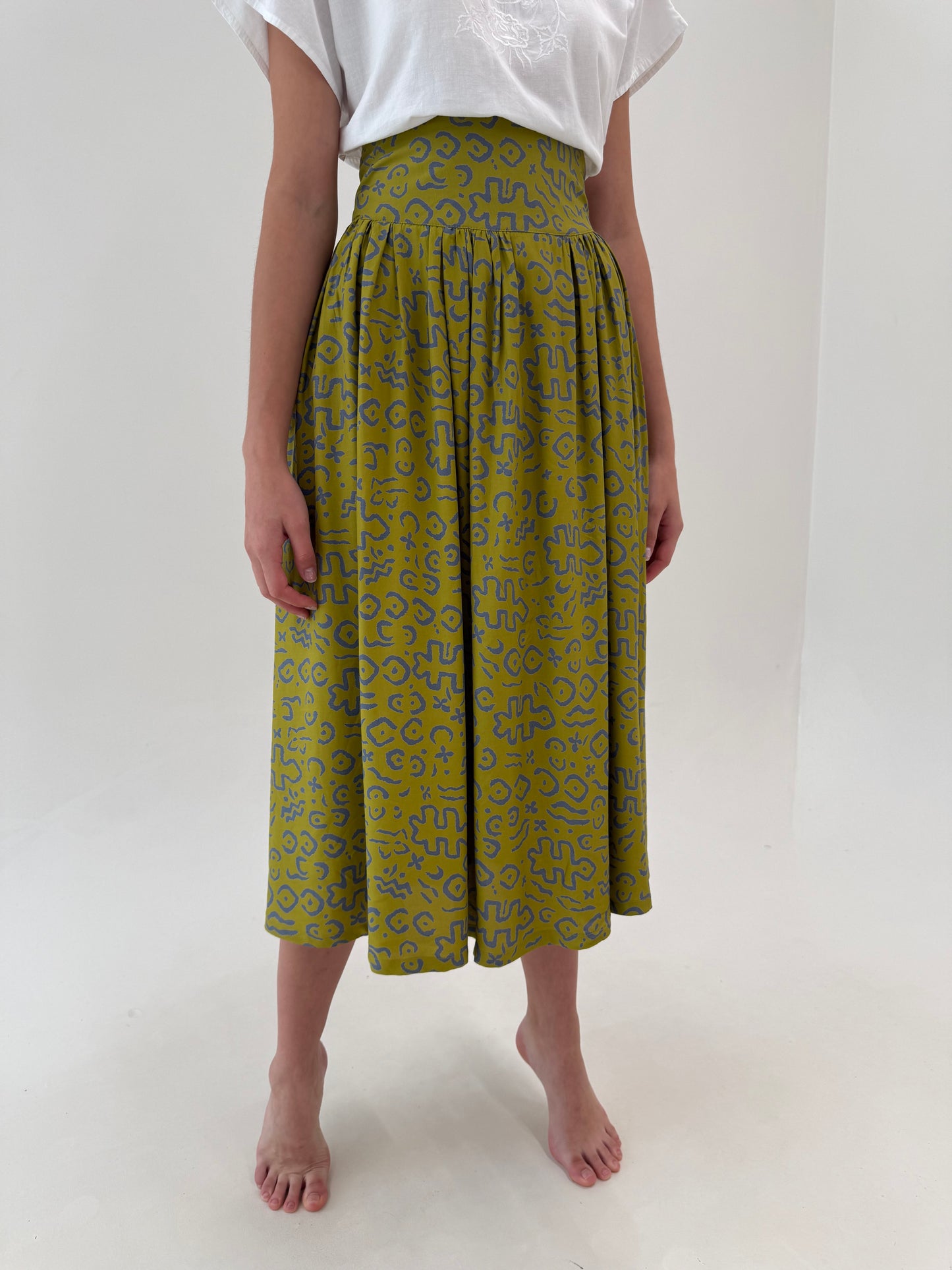 Fustă vintage maxi super vaporoasă olive green cu talie ultra marcată