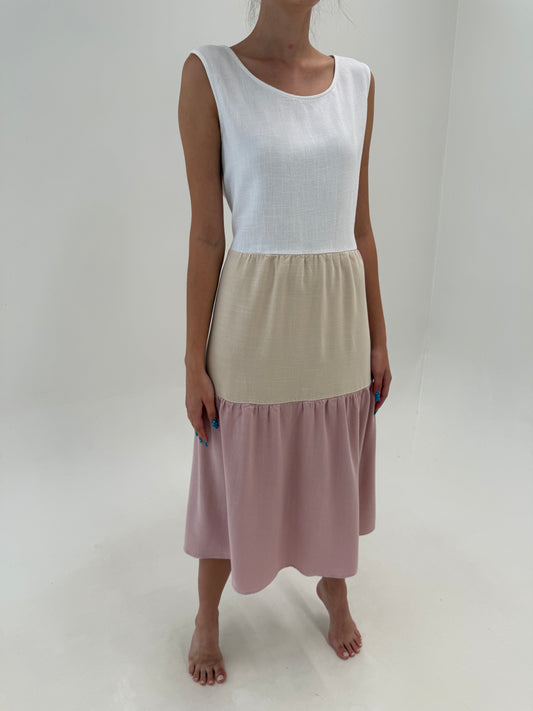 Rochie maxi colorblock în culori pudrate din pânză moale cu buzunare