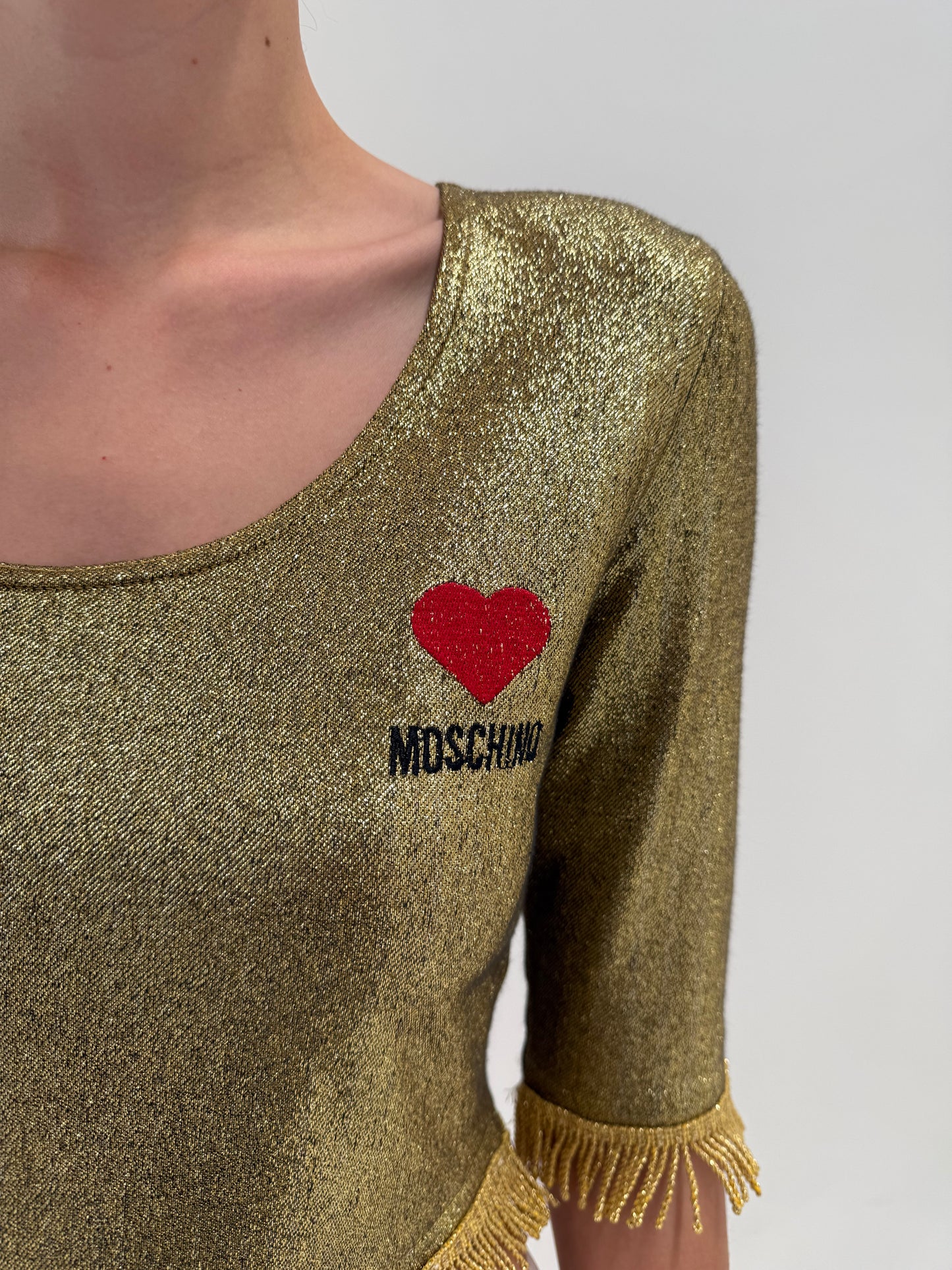 Top vintage Moschino cu franjuri și lurex auriu modelator