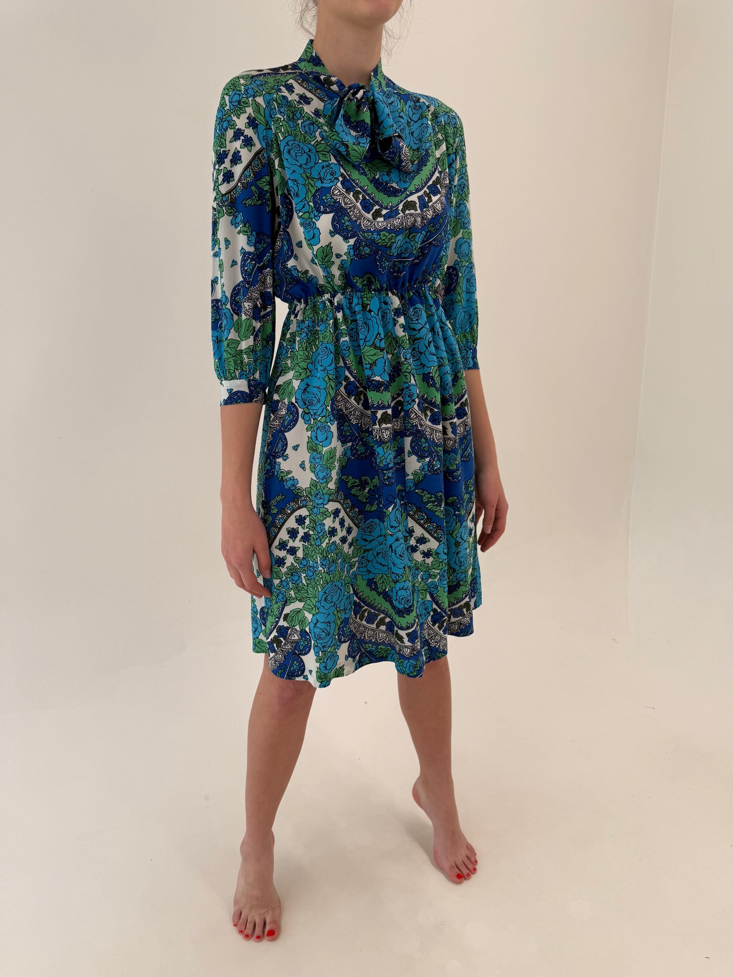 Rochie vintage din mătase naturală cu print superb și talie ultra înaltă elastică