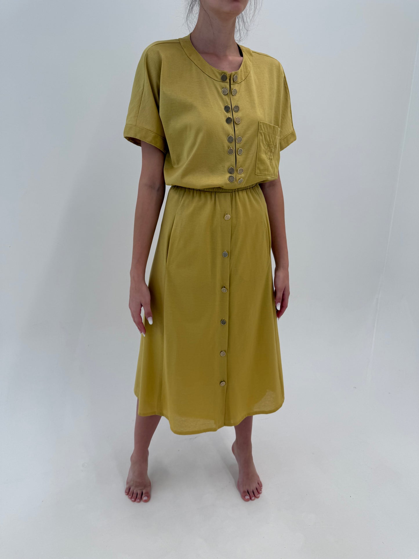 Set vintage dusty mustard green din bumbac excepțional cu nasturi metalici aurii