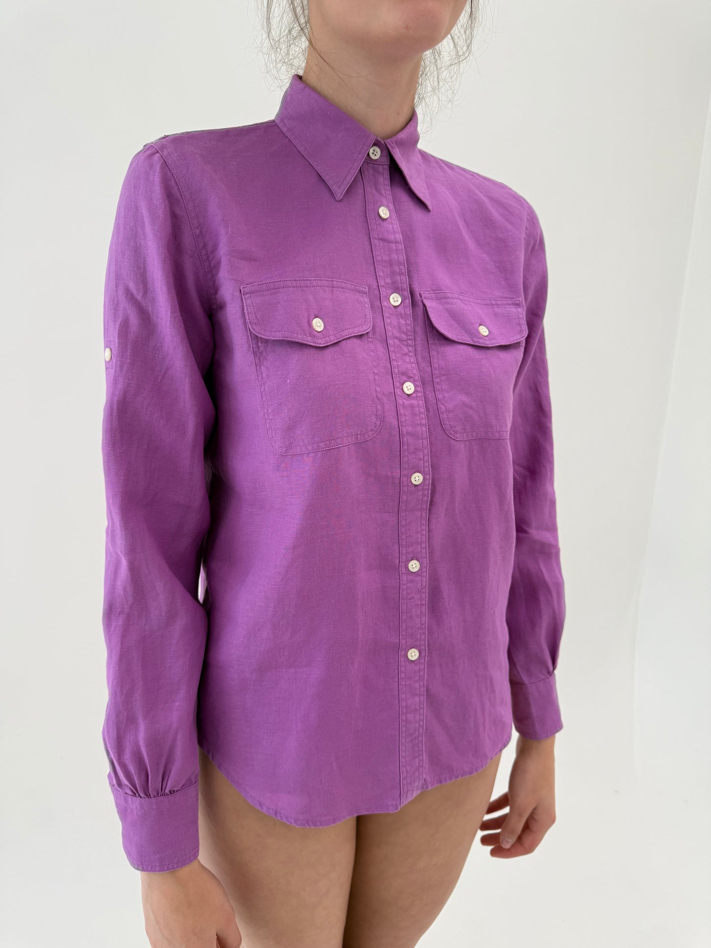 Cămașa Ralph Lauren lavandă din in în croi oversized cu mânecă reglabilă