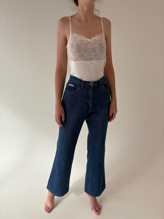 Jeans vintage dark wash evazați cu talie înaltă