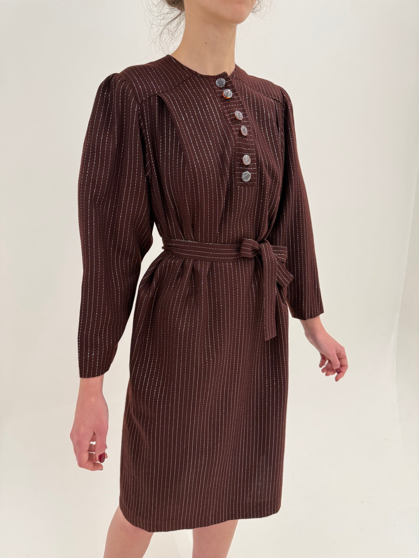 Rochie vintage chocolate brown din stofita de lana extrafina cu dungi argintii