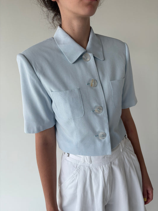 Sacou usor cambrat cropped baby blue ușor texturat