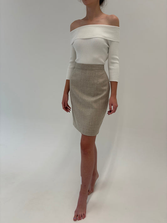 Fustă light nude conică cu talie intră înaltă din lana extrafina