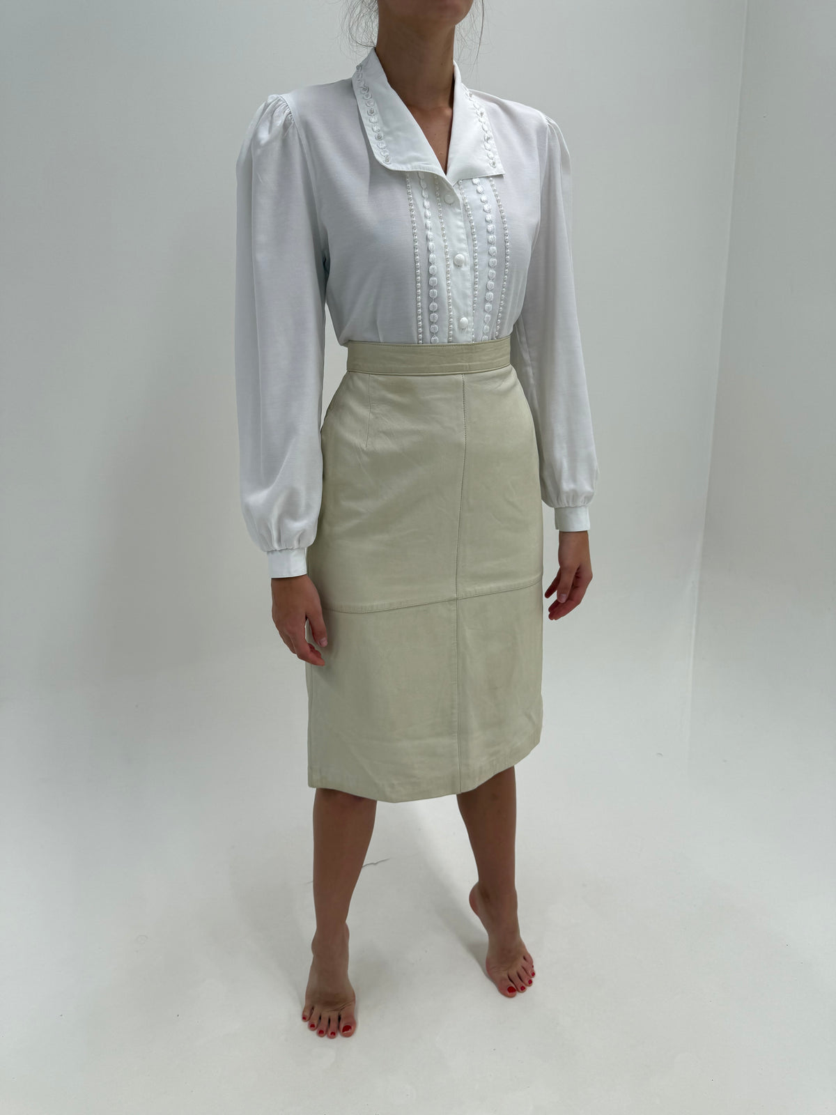 Fustă creion din piele naturală extrem de moale off white midi cu talie ultra înaltă