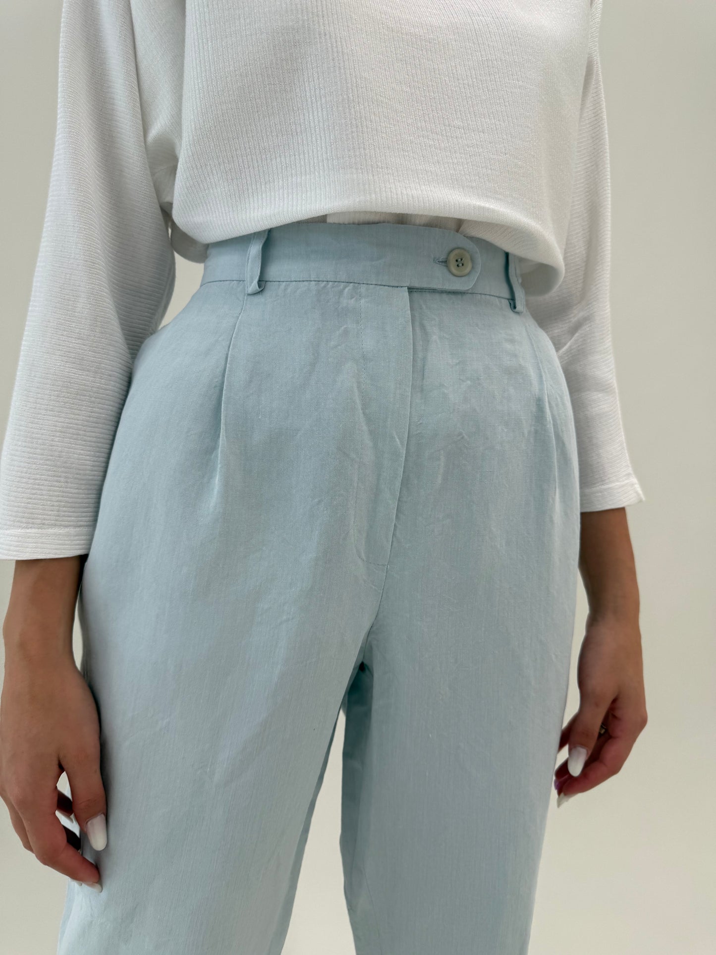 Pantaloni tall baby blue din pânză de in și vascoza cu talie ultra înaltă