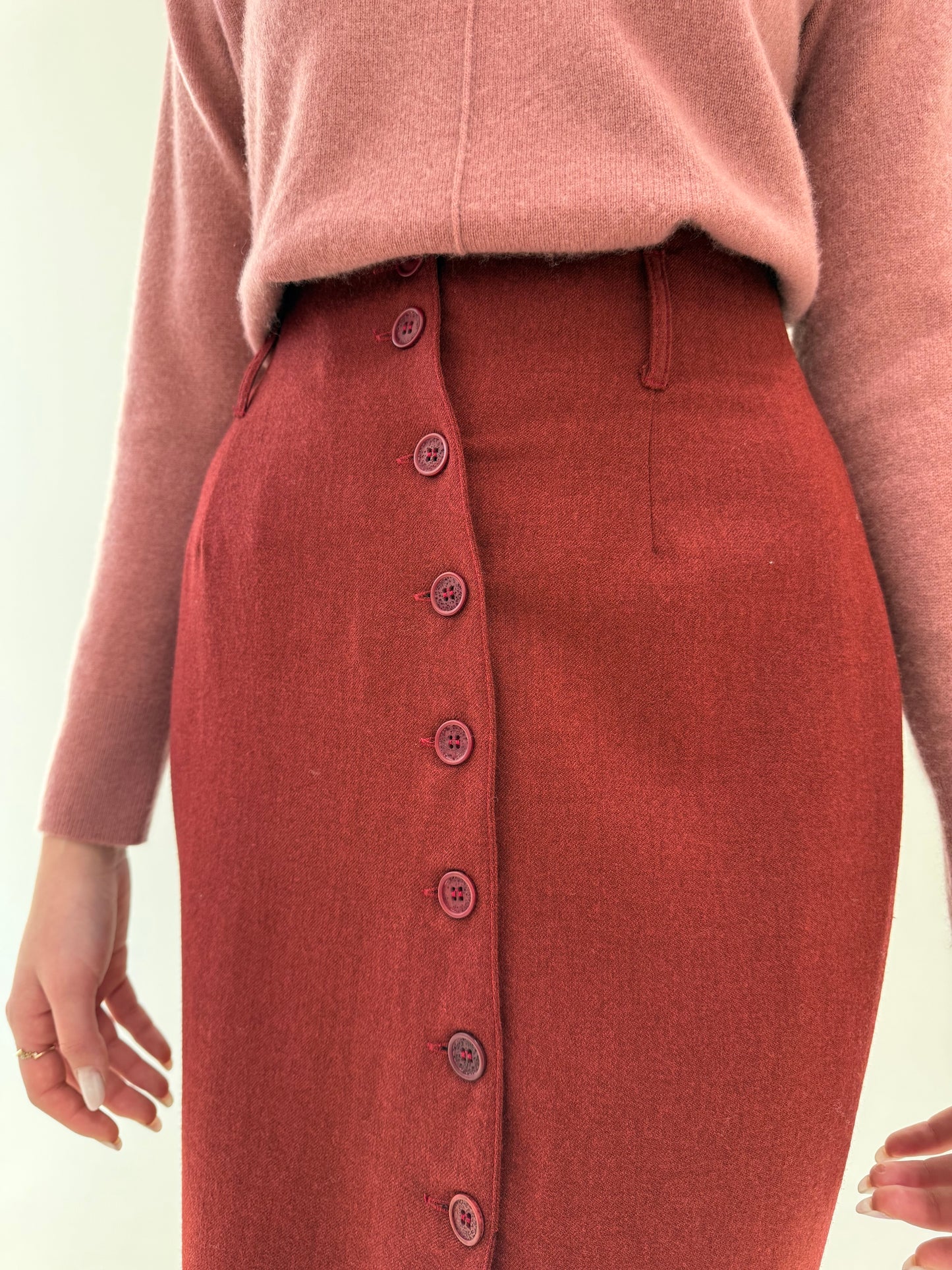 Deux piece vintage terracotta red cu fustă maxi și sacou cambrat