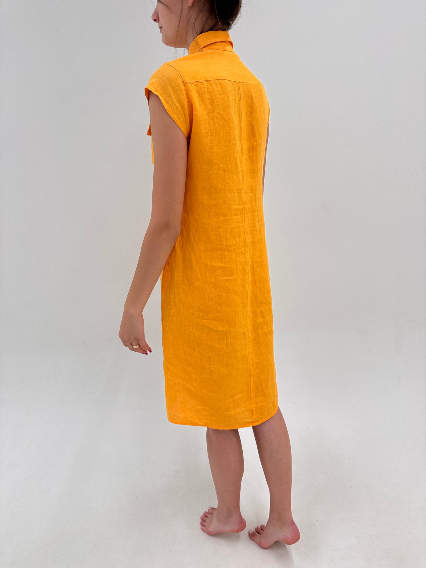 Rochie oranj in stil Safari din pânză premium de in în croi lejer