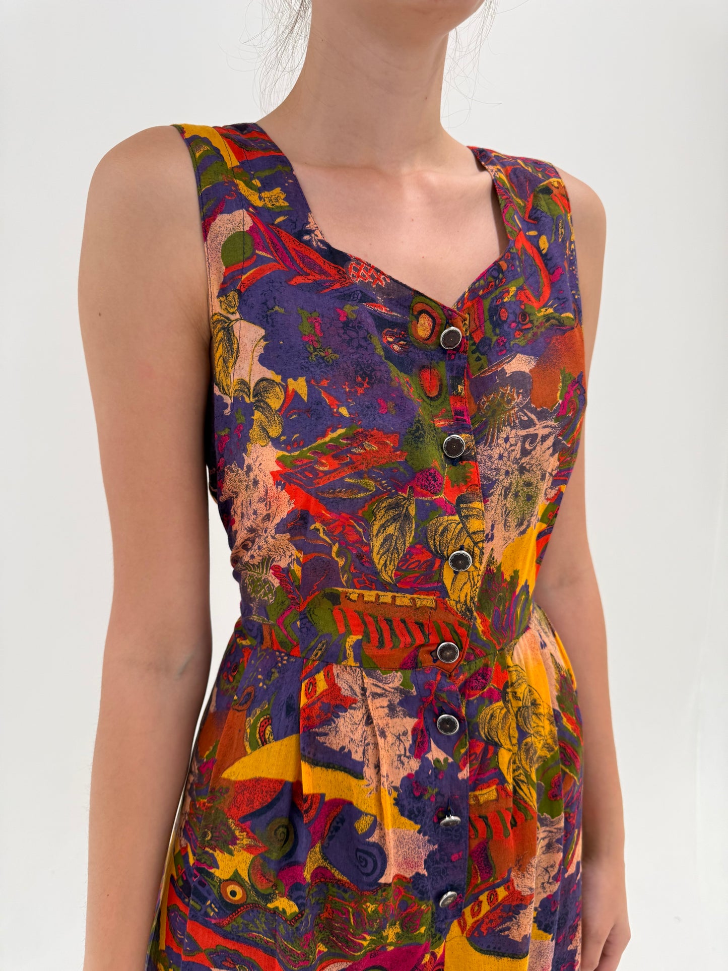 Rochie vintage în culori superbe din pânză de bumbac cu talie marcată
