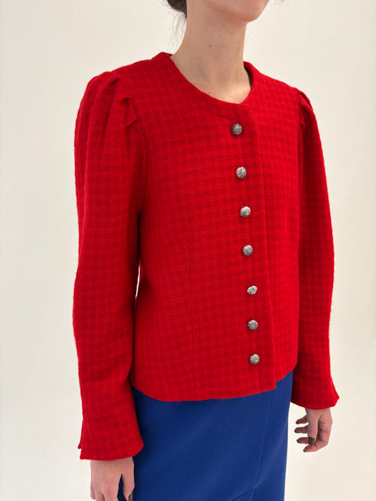 Sacou cambrat cherry red in stil Chanel din tweed de lana certificată