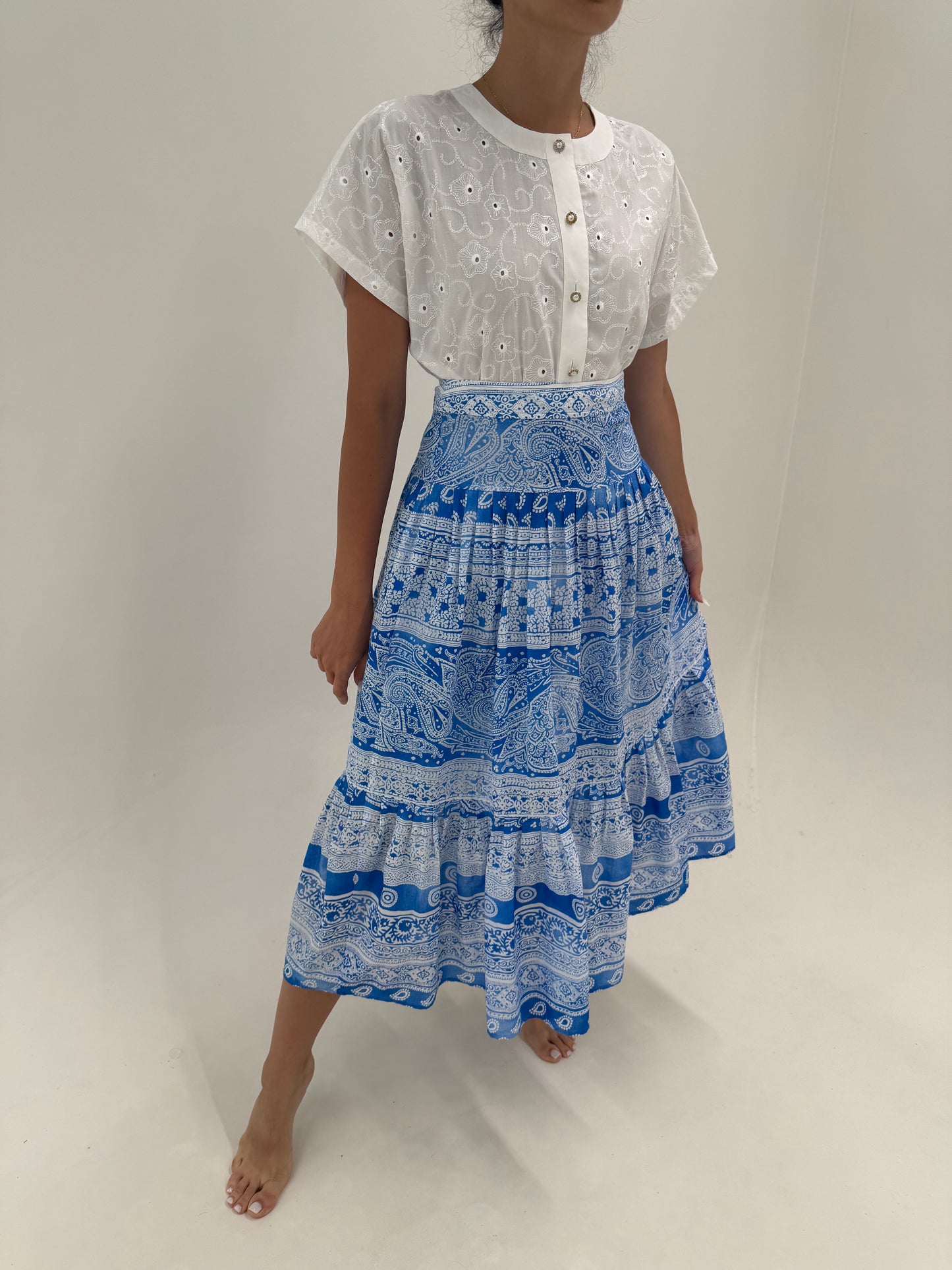 Fusta maxi din panzica fină de bumbac cu print paisley superb albastru regal