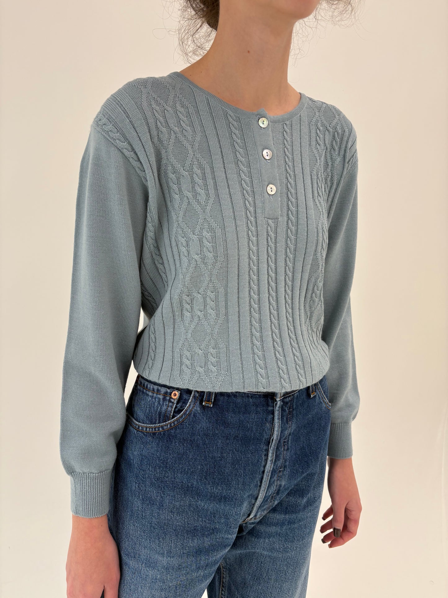 Pulover baby Blue cu torsade din lana merino extrafina de gramaj mare