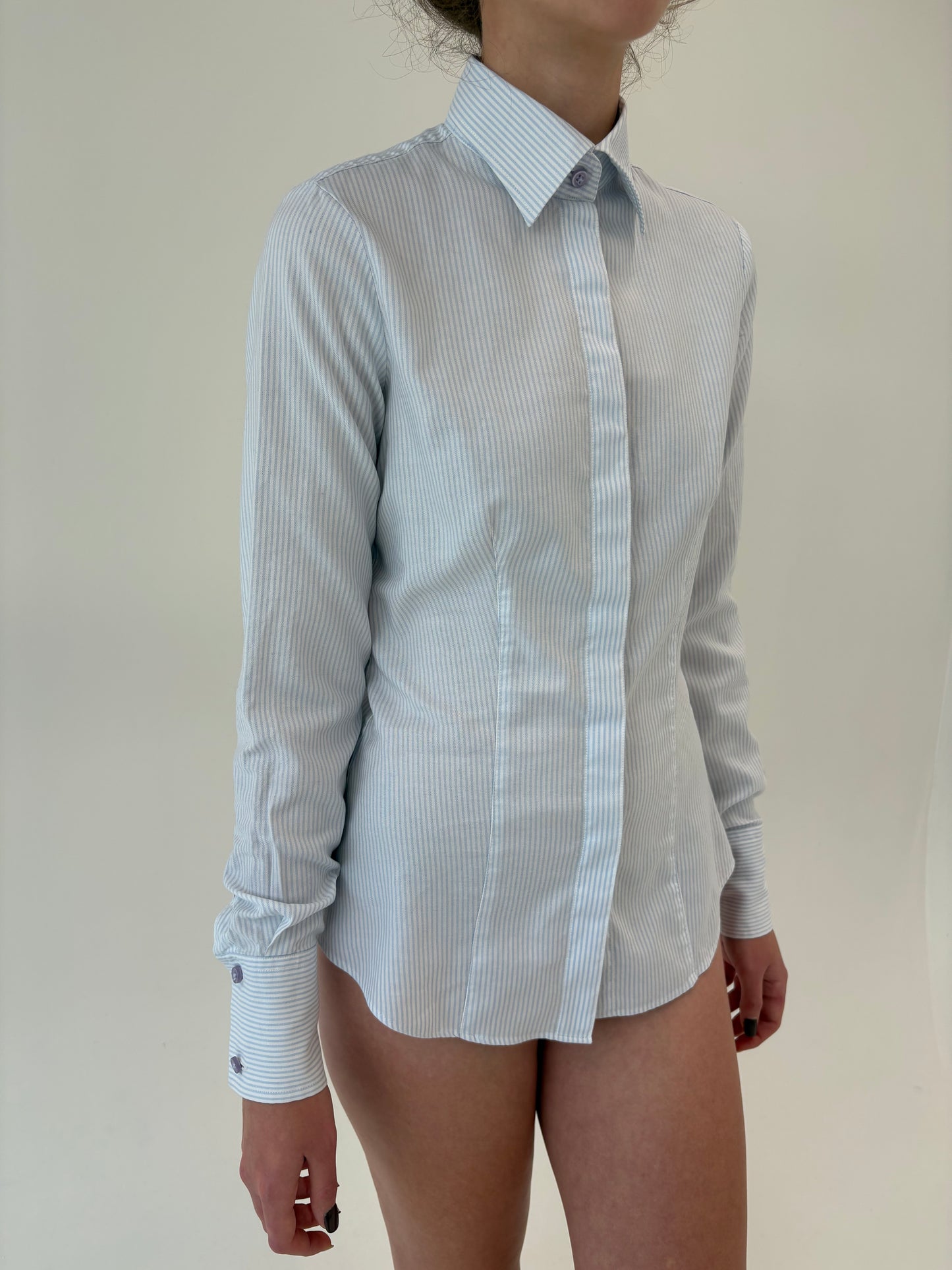 Cămașa cambrata cu dungi baby Blue și manșete înalte