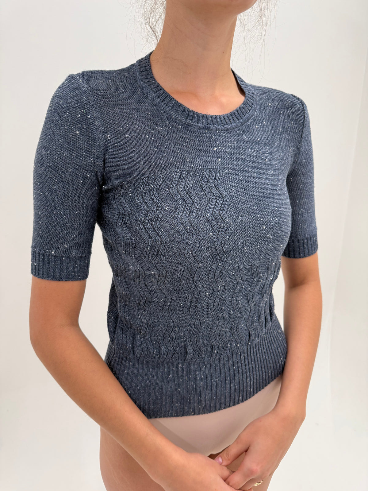 Top vintage din tricot de bumbac mercerizat premium jeans blue
