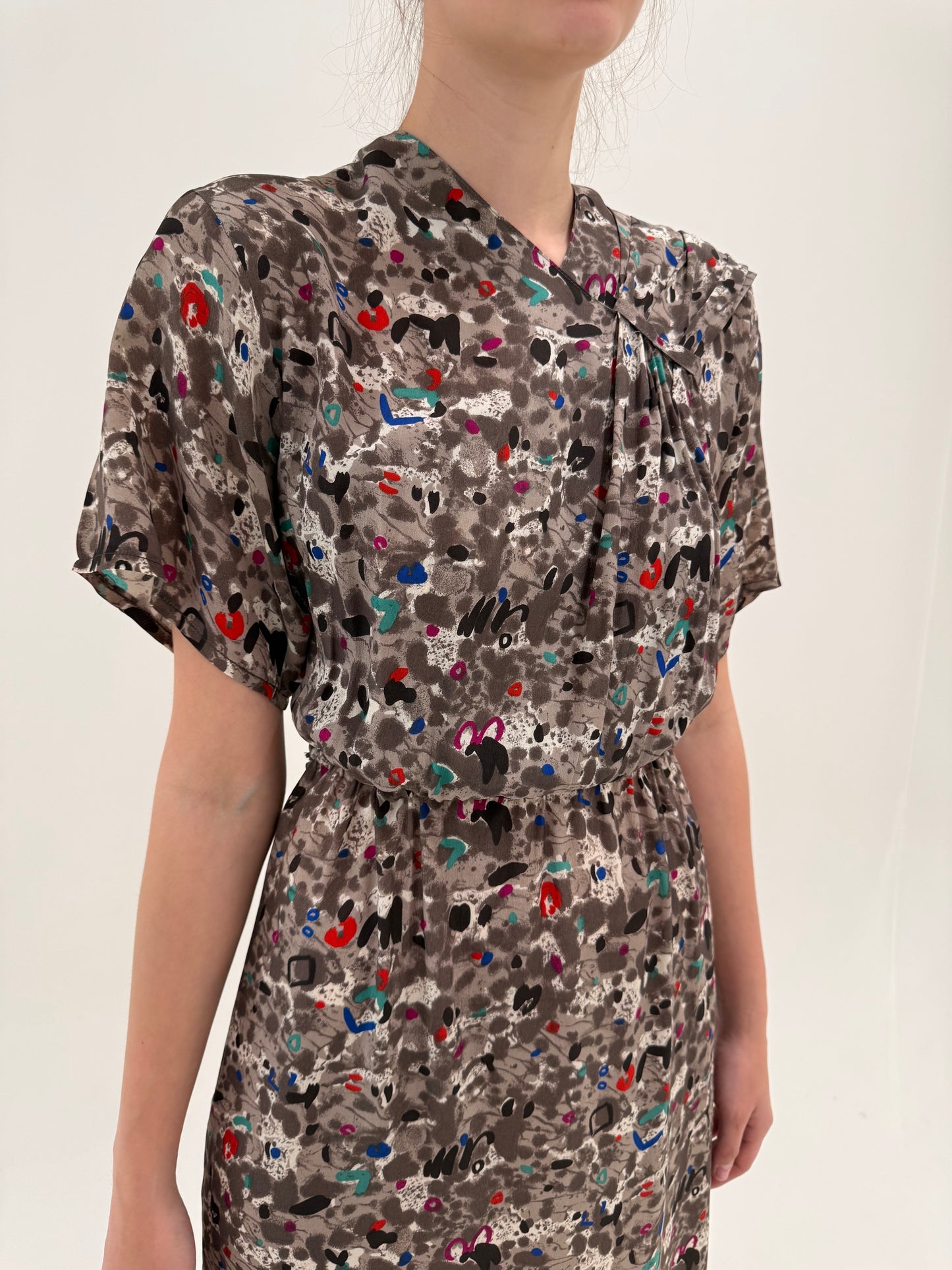 Rochie italiană clasică din crepe de mătase naturală cu talie ultra înaltă elastică