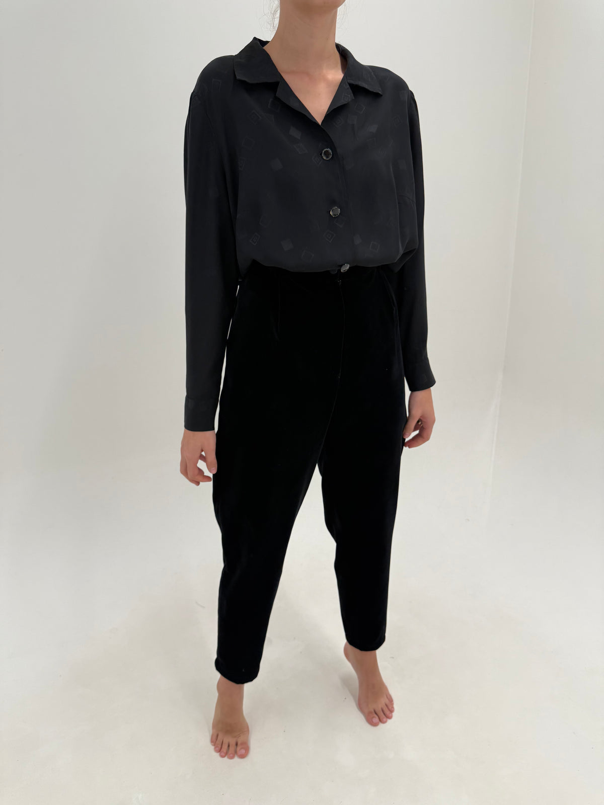 Pantaloni tall negri din catifea premium de la zi la seară cu talie extrem de înaltă ași