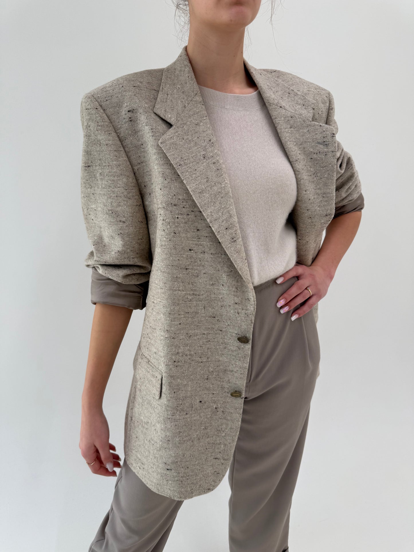 Sacou tall luxury Ungaro din stofă melanj nude cu chocolate brown