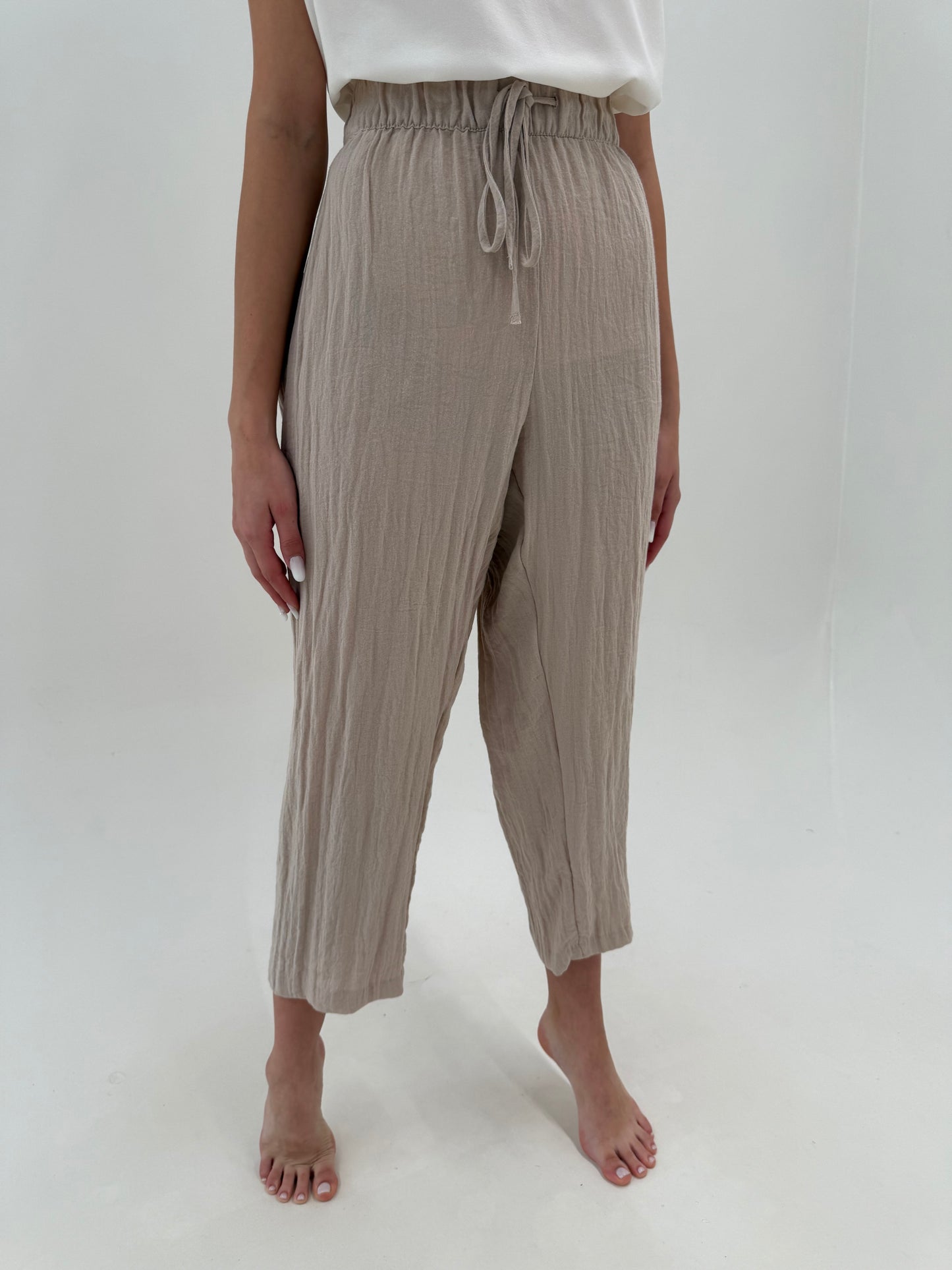 Pantaloni warm gray plus size super vaporoși din pânză de in și bumbac