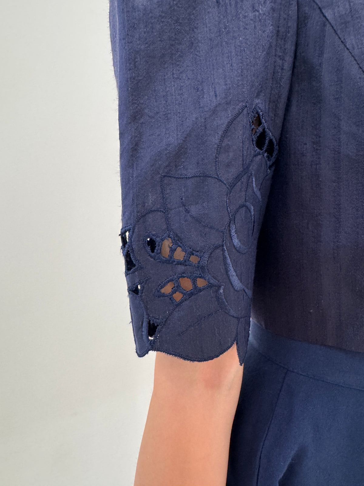 Sacou vintage din canvas de mătase naturală Navy blue cu broderie anglaise