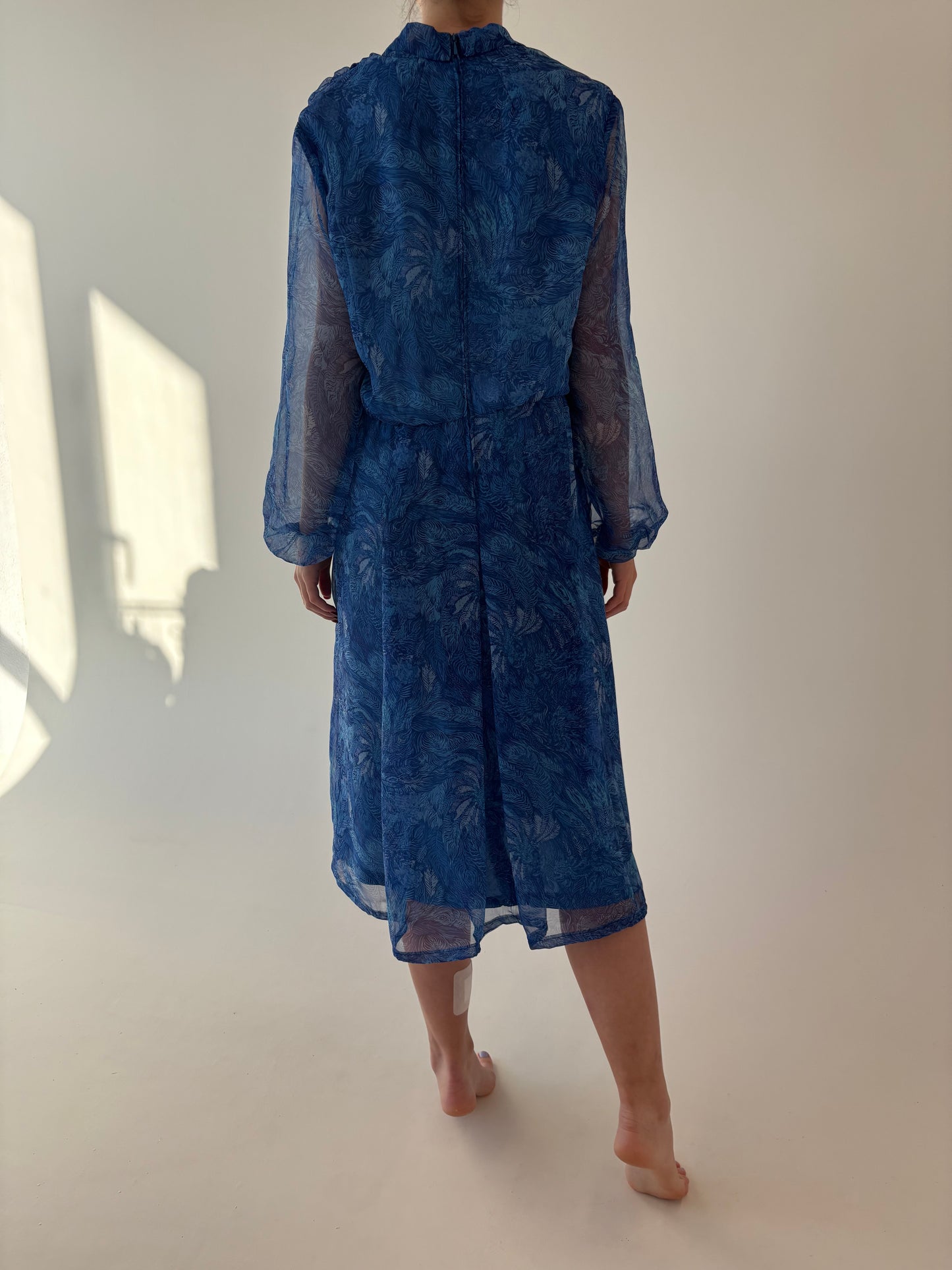 Rochie old vintage anii 70 tie neck în nuanțe superbe de albastru