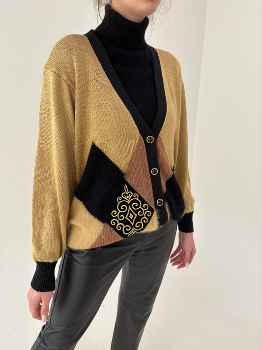 Cardigan vintage din tricot perlat camel cu o tentă pudrată de auriu cu Angora