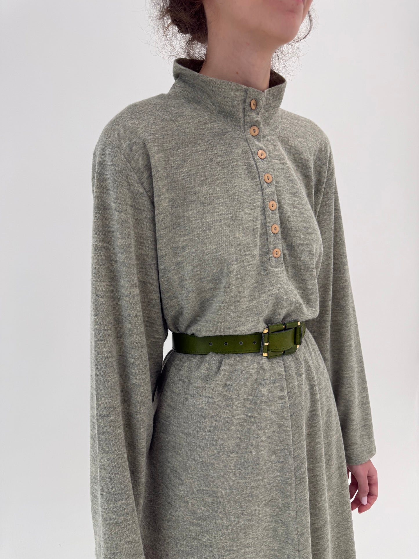 Rochie old vintage anii 80 din tricot de lana extrafina Sage green și camel