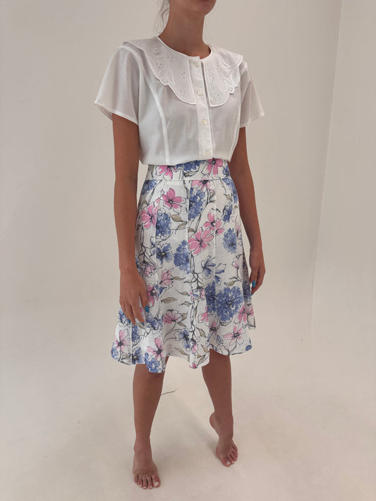 Fustă din in premium cu print floral în culori pudrate și clini