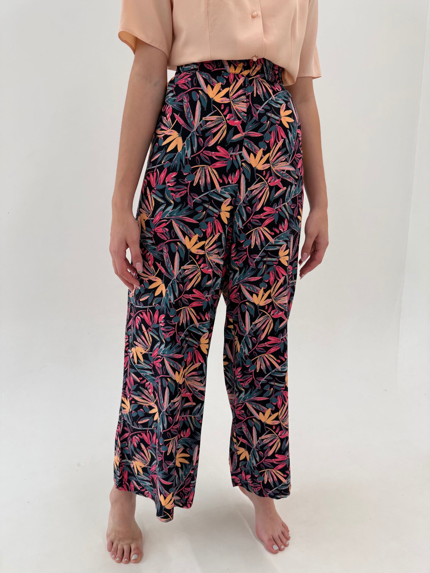Pantaloni palazzo vaoirosi cu print organic și talie ultra înaltă