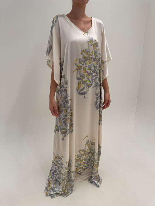 Kaftan tall nou din mătase naturală butter white cu print delicat