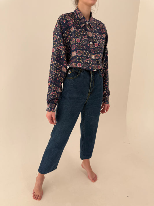 Jeans vintage premium dark wash straight leg mom fit cu talie ultra înaltă