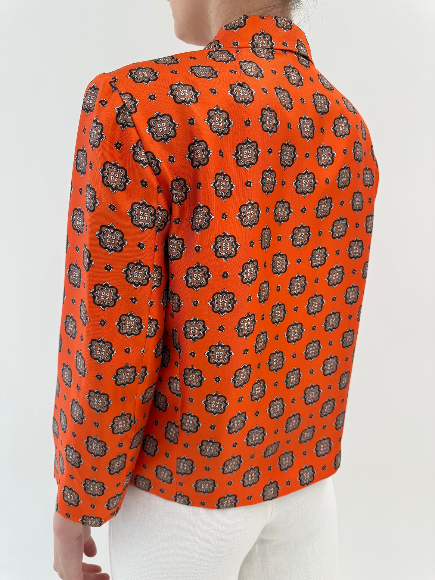 Sacou vintage couture electric orange cu print din mătase naturală