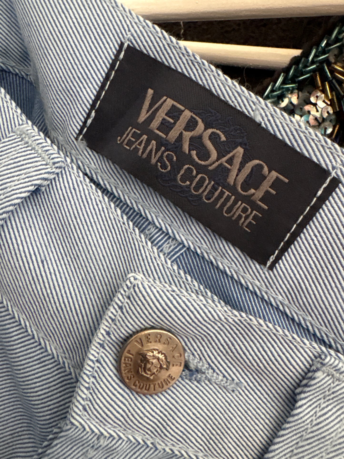 Jeans Versace vintage baby Blue de vară cu talie ultra înaltă mom fit (solduri generoase)