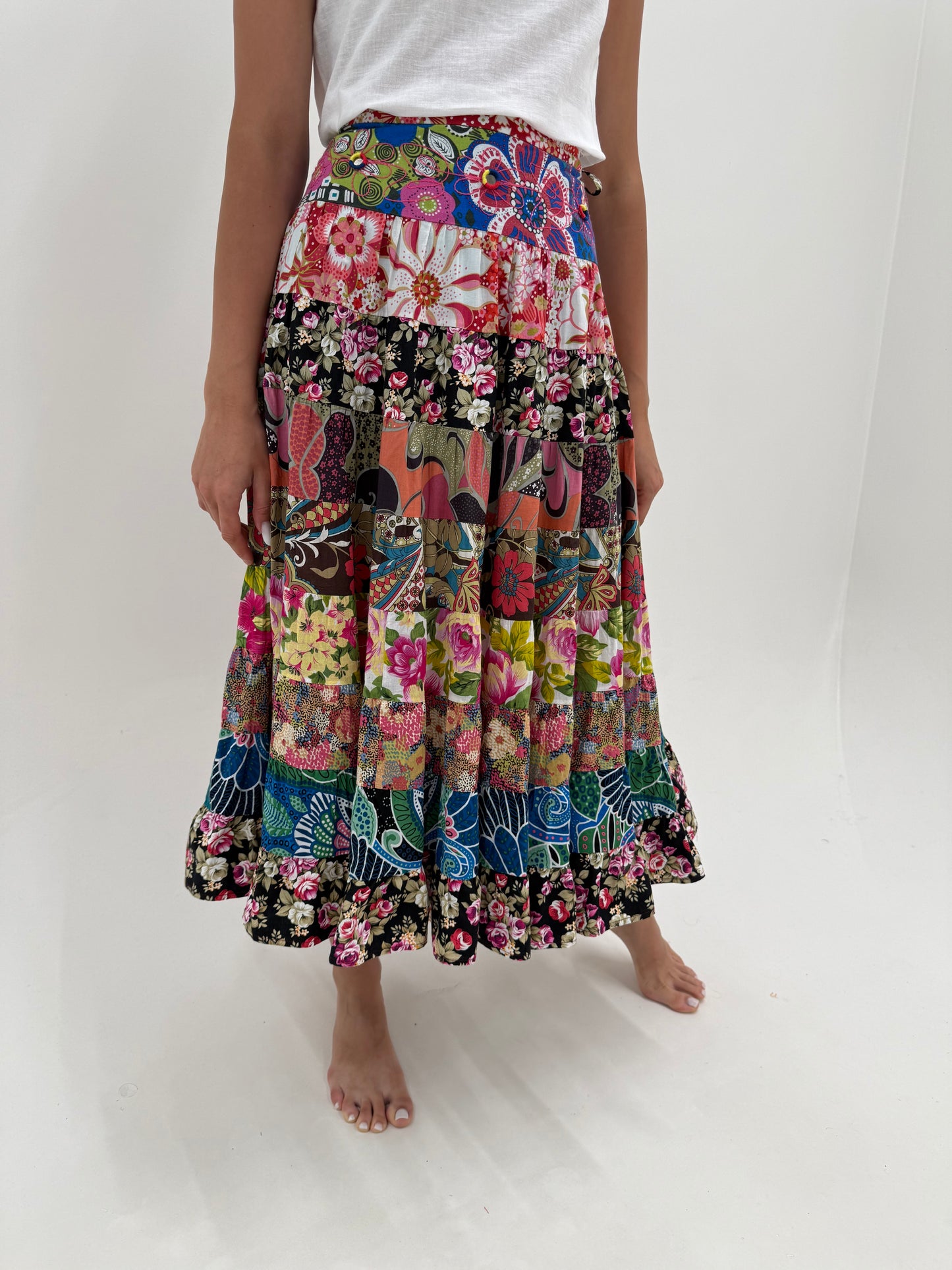 Fusta maxi din panzica extrafina de bumbac lucrata patchwork cu print