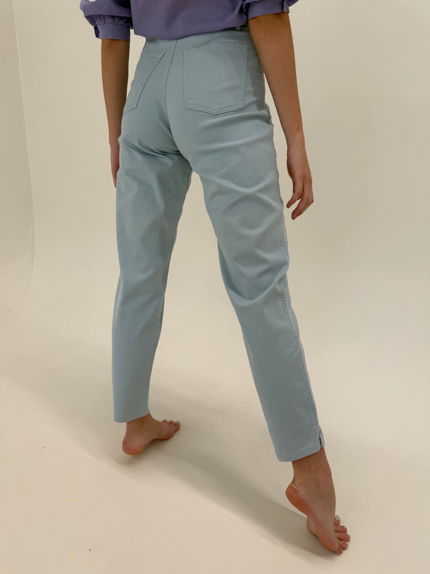 Pantaloni baby blue din bumbac ultra confort modelator cu talie ultra înaltă