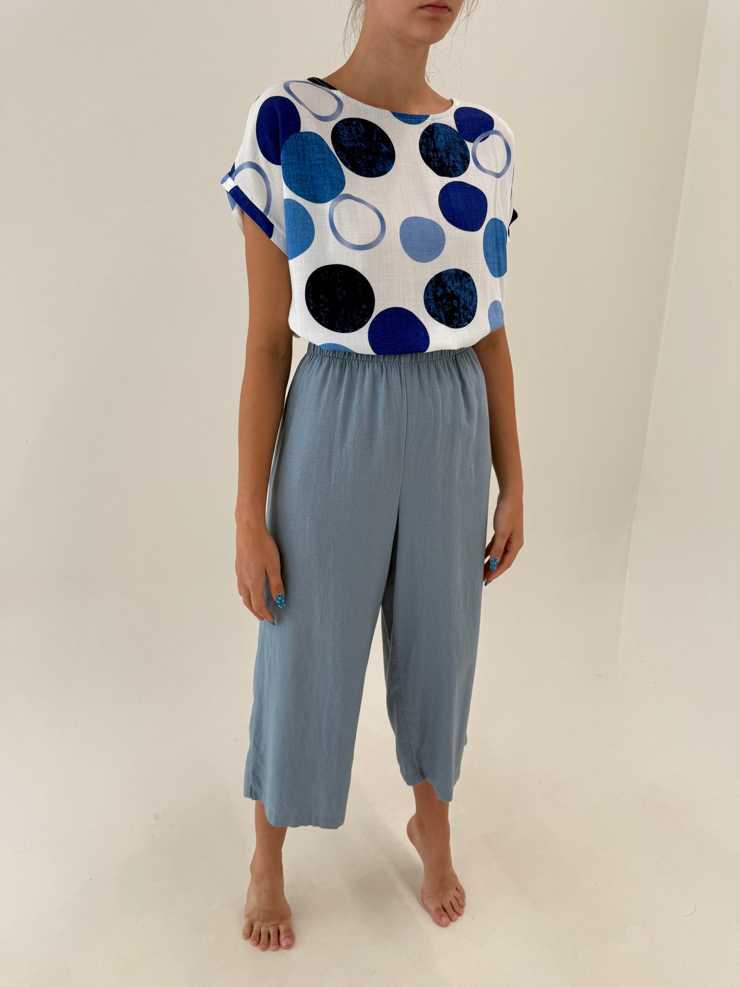 Pantaloni petite palazzo dusty baby blue din in cu talie ultra înaltă elastică
