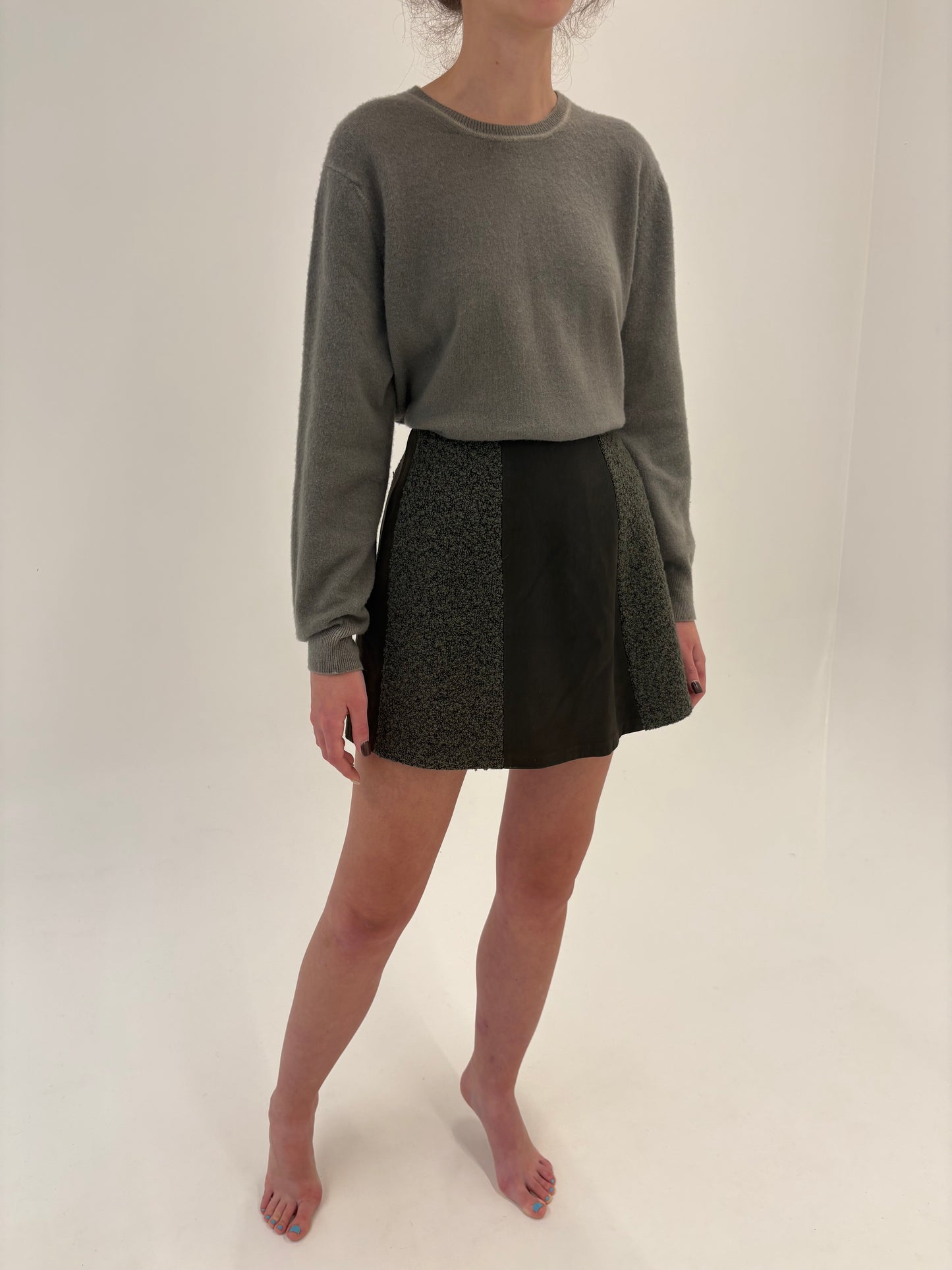 Fustă forest green din piele naturală și boucle de lana cu talie ultra înaltă